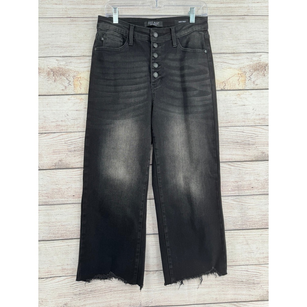 Judy Blue Wide Crop Jeans Womens 9/29 Black High Rise Button Fly Raw Hem JB88829